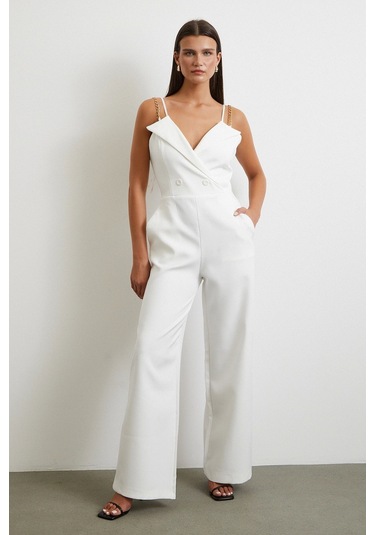 Zincir Detaylı Tulum Beyaz Beyaz