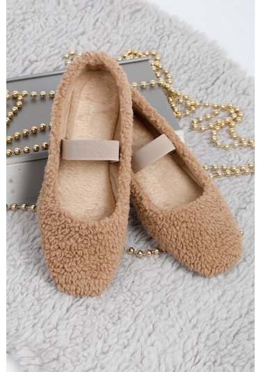 Vizon Peluş Tüylü Bant Detaylı Panduf, Kadın Ev Ayakkabısı, Babet Vizon