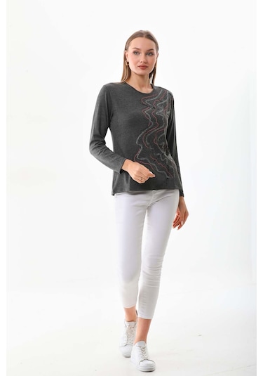 Sistas Kadın Desenli Bisiklet Yaka Uzun Kollu Bluz 23636 Antrasit