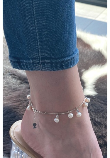 Doğal İnci Sallantılı Kadın Halhal Gümüş