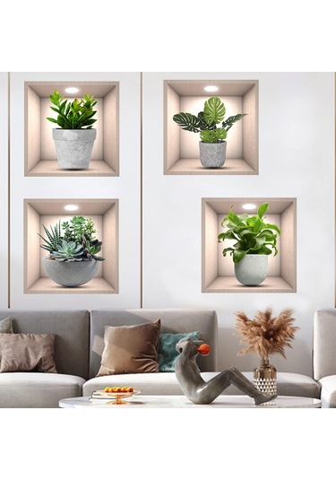 Geekyou 3d Yeşil Bitki Duvar Sticker, 4 Adet, Vinyl, Su Geçirmez, Kolay Uygulama, 30x30cm, Çeşitli Yüzeyler İçin, Mutfak/oda Dekorasyonu Çok Renkli