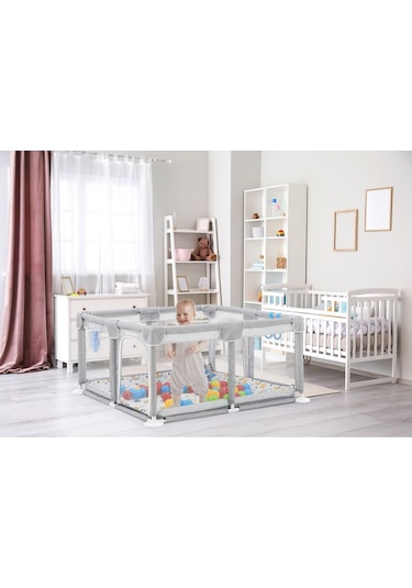 Playard Güvenli Bebek Ve Çocuk Oyun Alanı Oyun Parkı 120x120 Oyun Matı Topları Ve Yataklı Açık Gri