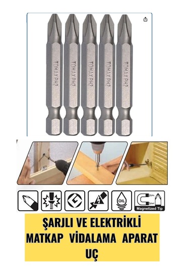 5 Adet - Ph2 Boy 50 Mm Bits Uç- Şarjlı Elektrikli Matkap Vidalama Aparatı