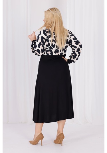 Kadın Vizon Siyah Leopar Desen Bloklu Kruvaze Yaka Balon Kol Büyük Beden Esnek Maxi Elbise Vizon