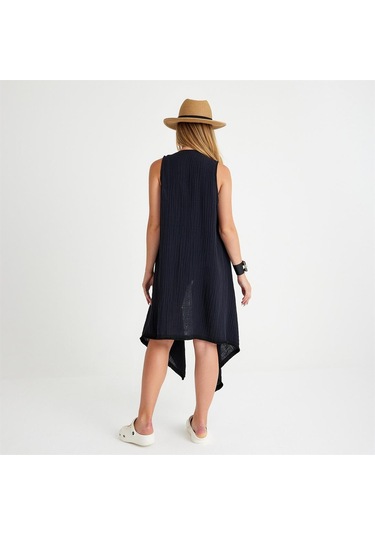 Pamuklu Dokuma Kemerli Püsküllü Plaj Elbisesi - Standart Siyah