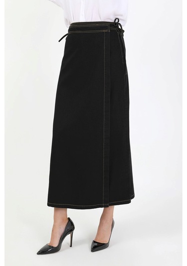 Yandan Bağlamalı Denim Etek-siyah Siyah