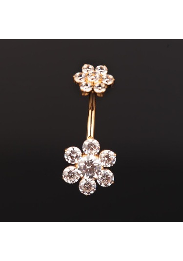 Yüksek Kalite G23 Titanium Zirkon Taşlı Çiçek Titanyum Göbek Piercingi Altın