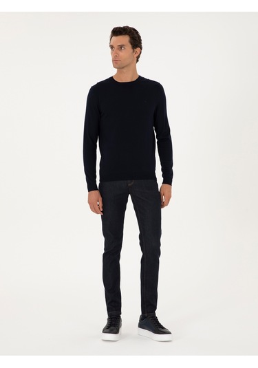 Cacharel Lacivert Slim Fit Yün Karışımlı Bisiklet Yaka Basic Triko Kazak