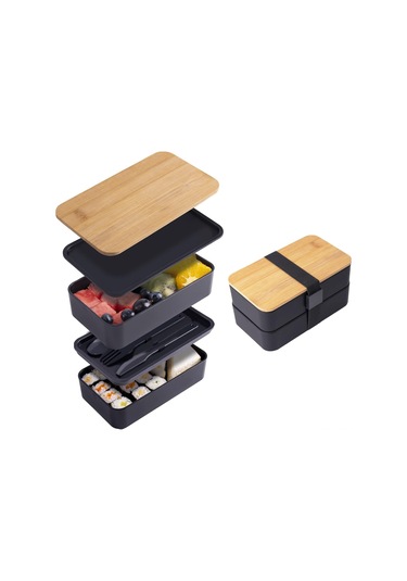 Shineyee Çift Katlı Bambu Kapaklı Japon Stili Bentobox - Mikrodalga Uygun, Yemekleri Ayıran Bölmeli, 420g, İş/okul İçin Taşınabilir Isı Saklama Çantası Hariç Siyah