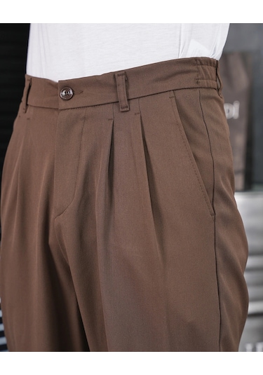 Modefendi Baggy Kesim Pile Detaylı Kumaş Pantolon Kahverengi