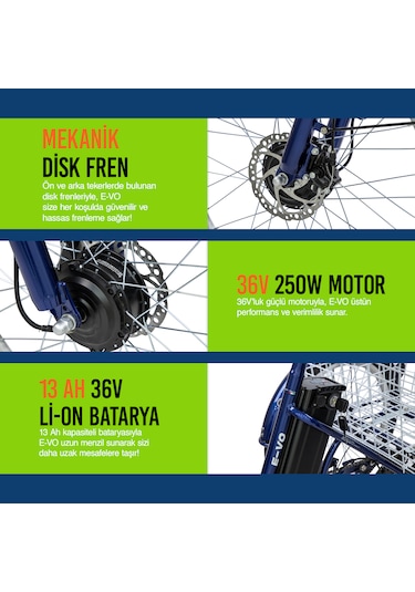 Stradacycles E-VO Mekanikdisk 24 Jant Üç Tekerlekli Elektrikli Bisiklet Mavi