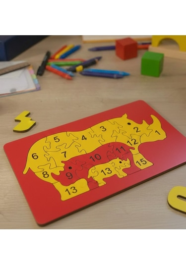 Eğitici Ahşap Gergedan Ailesi Puzzle - 15 Parça Sayı Öğretici - 26x15 Cm Mdf