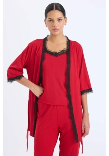 Defacto Fall İn Love Yılbaşı Temalı Wrap Yaka Yarım Kol Kuşaklı Sabahlık B7696ax23wnrd119 Kırmızı