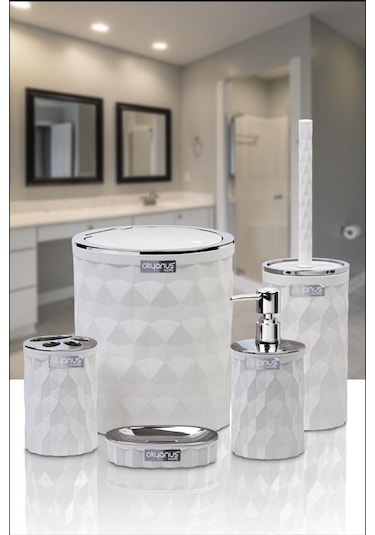 Okyanus Home Diamond Beyaz Kromlu Click Kapak 5'li Banyo Seti Beyaz
