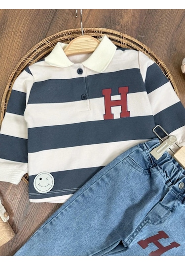 Şerit Çizgili Detaylı Likralı Polo Yaka Erkek Bebek Takım Lacivert
