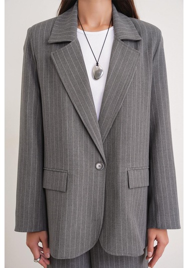 4753 Kadın Çizgili Oversize Blazer Ceket Gri Gri