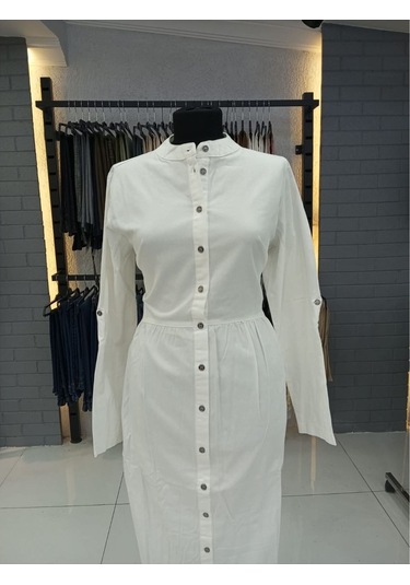 Kumaşlı Boydan Düğmeli Kot Elbise- Beyaz 001