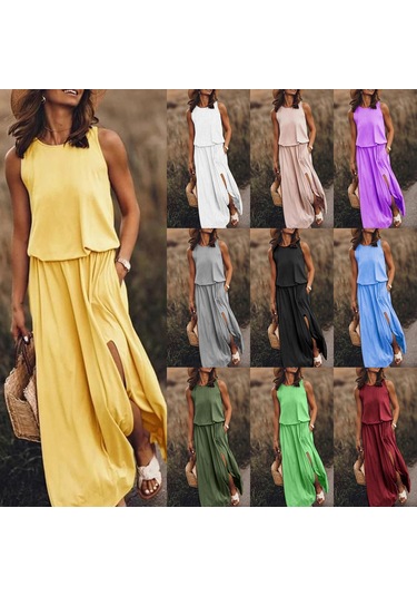 Yuvarlak Yaka Kolsuz Düz Renk Yırtmaçlı Elbise Koyu Yeşil