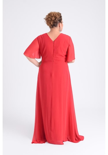 Lilas Xxl Kadın Büyük Beden Uzun Şifon Abiye Elbise 9510 Kırmızı Kırmızı