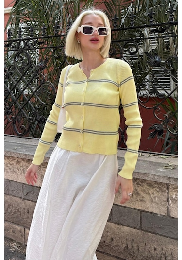 Madmext Sarı Çizgili Kadın Triko Hırka Mg2481 Sarı
