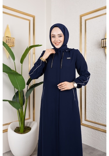 Biyeli Şerit Metal Aksesuar Detaylı Ferace / Lacivert - F0144 Lacivert