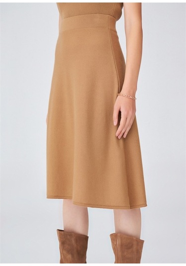 Peraluna Kloş Kesim Kaşmir Karışım Diz Altı Triko Etek Camel Camel