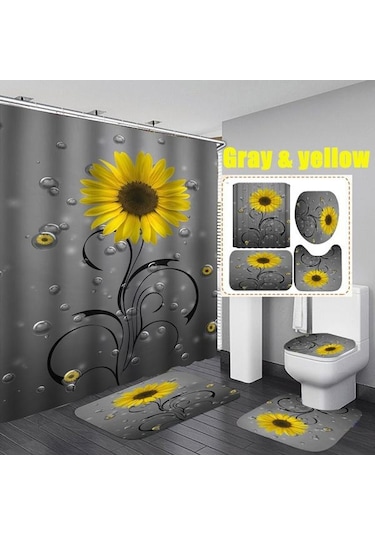 Gri&sarı Çiçek Açan Çiçekler Gül Kelebek Duş Perdesi Seti Su Geçirmez Banyo Klozet Kapağı Banyo Kaymaz Mat Halı Halı Banyo Dekor 4 A Gri - Sarı
