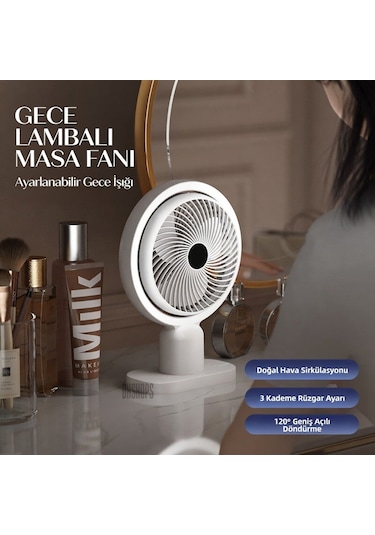 Usb Şarjlı Lambalı Masaüstü Mini Fan 3 Kademeli Hız Ayarlı 180 Derece Vantilatör
