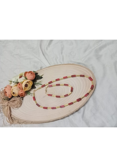 Şık Kırmızı Modern Kolye Ve Bileklik Takı Seti Kırmızı