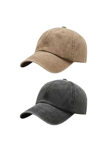 Tezzgelsin Unisex Eskitme Vintage %100 Pamuklu Ayarlanabilir Beyzbol Kep Şapka 2'li Set Camel - Yeşil