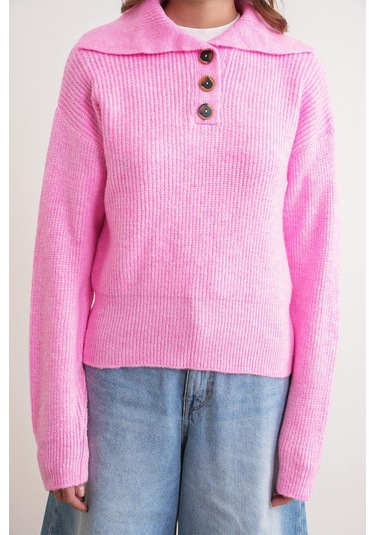 6900 Kadın Düğmeli Devrik Yaka Triko Kazak Pembe Pembe