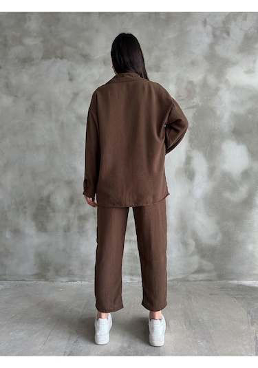 Kadın Oversize Keten Gömlek Pantolon Alt Üst Takım Kahverengi Kadın Oversize Keten Gömlek Pantolon Alt Üst Takım Kahverengi