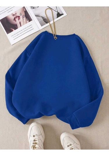 Baskısız Düz Sweatshirt - Sax Mavi Kalın Kışlık Şardonlu Uzun Kol Oversize Bisiklet Yaka Saks Mavi