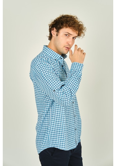 Figs Erkek Slim Fit Ekoseli Uzun Kollu %100 Pamuk Gömlek 0016 Mavi Mavi