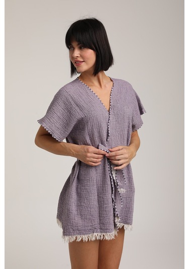 Life For Moda Kadın Kuşaklı Müslin Pareo Kimono P 80 Mor