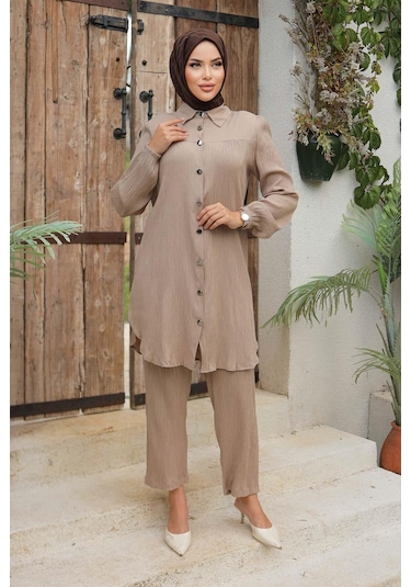 Büzgü Detaylı Tesettür Vizon Takım Vizon