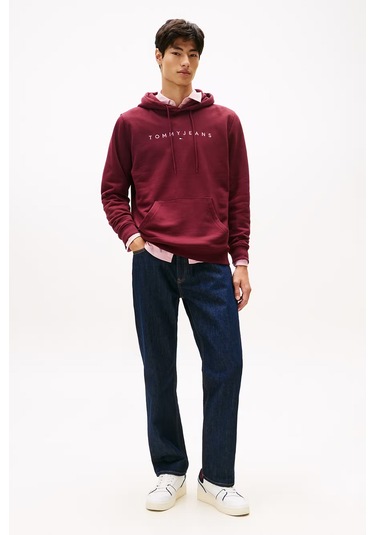 Erkek Tjm Regular Linear Logo Kapüşonlu Sweatshirt - Bordo Red Wine