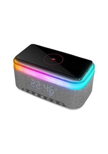Mikado MD-W8 1200mAh 10W Gri Bluetooth-Usb-Kablosuz Şarj RGB-Gece Lambası Özellikli Alarmlı Saat Speaker