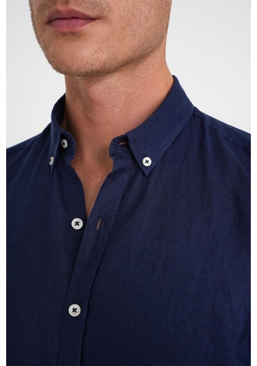 Comfort Fit Düğme Yaka Katlanır Kol %100 Keten Düz Lacivert Gömlek G 1595 Lacivert