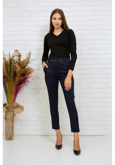 Bluence Beli Kemerli Dar Paça Lacivert Pantolon Lacivert