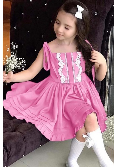 Riccotarz Kız Çocuk İp Askılı Bağlamalı Göğsü Dantel İşlemeli Pileli Pembe Keten Elbise Pembe