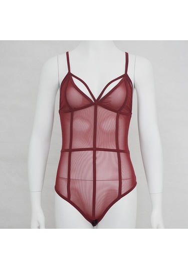 Suntek Bayan Sexy Lingerie Spagetti Kayışı Tulum Romper See Şarap Kırmızısı Şarap Kırmızı