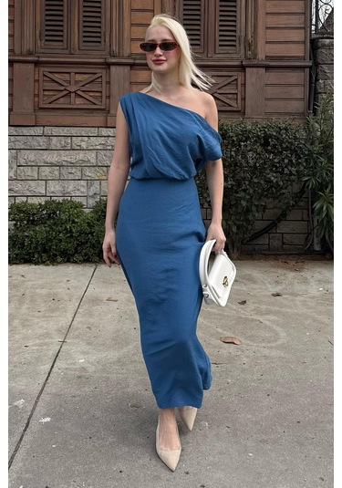 Madmext Madmext İndigo Düşük Omuz Elbise Mg2349 Indigo