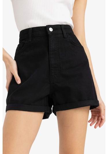 DeFacto Mom Fit Yüksek Bel Duble Paça Jean Şort E0926AX25SMNM40 Siyah