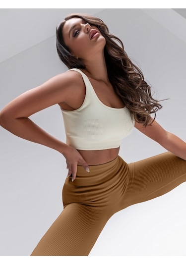 Mistirik Fitilli Tayt Yüksek Bel Örme Kumaş Caramel Renk Karamel