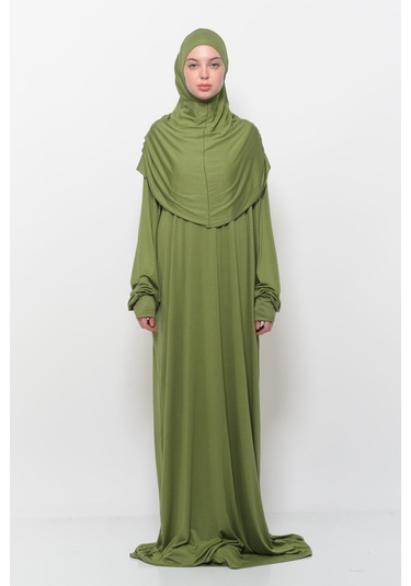 Pratik Tek Parça Pamuklu Yarasa Kollu Tak Çıkar Başörtülü Tesettür Namaz Elbisesi Fıstık Yeşili Çok Renkli