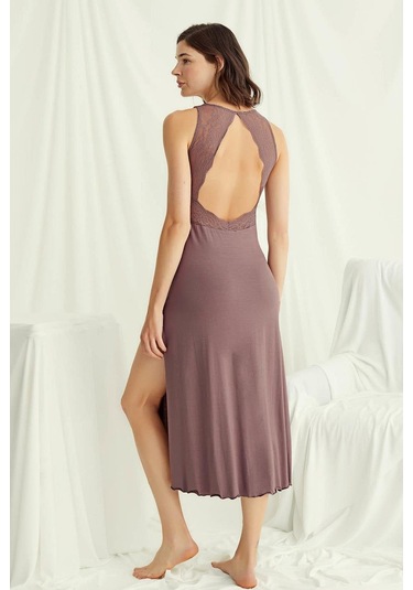 Monamise 18508 Kadın Kalın Askılı Sırt Dekolteli Yırtmaçlı Gecelik-kahve Kahve