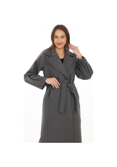 Kadın Uzun Kaşe Kaban Yünlü Dokuma Kaşmir Kumaş, Kruvaze Yaka, Kuşaklı Astarlı Tesettür Uyumlu Şık Füme