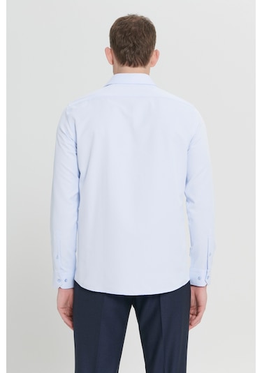 AC&Co / Altınyıldız Classics Erkek Mavi Kolay Ütülenebilir Slim Fit Dar Kesim İtalyan Yaka Armürlü Gömlek Mavi