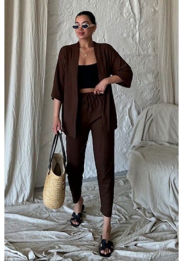 Modagen Kadın Kahve Kimono Alt Üst Havuç Pantolon Takım Kahve